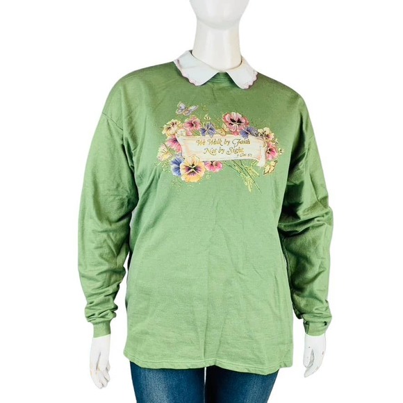 Hanes Cotton Select Womans XL Green Floral Sweater Walk By Faith 2 Cor. 5:7 VTG - Picture 2 of 7